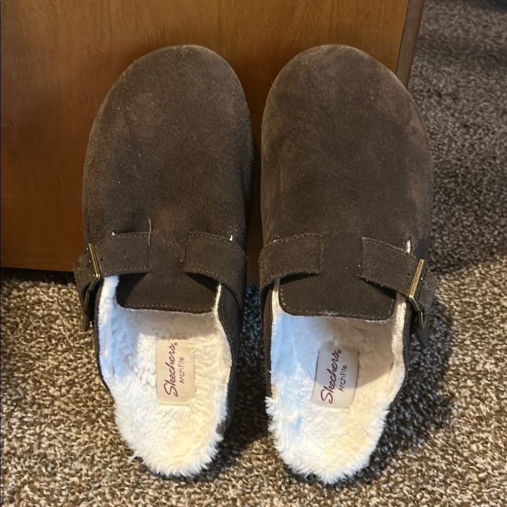 Skechers Brown Suede Mules with Faux Fur Lining